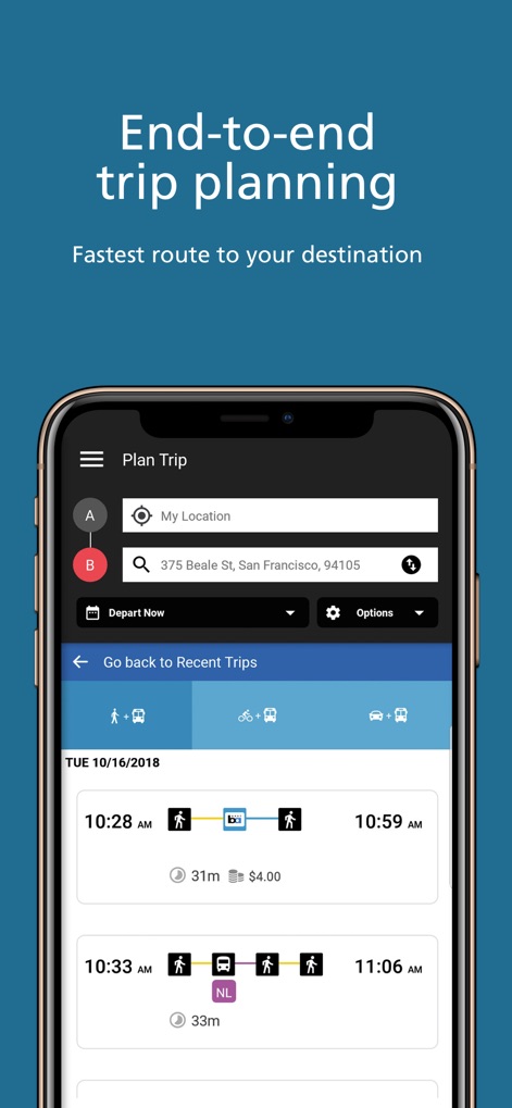 BART (Official) - El módulo de "Plan Trip" permite a los usuarios introducir un punto de origen y un destino, visualizando diversas opciones de ruta que combinan BART con otros modos de transporte, y mostrando el tiempo total de cada trayecto.