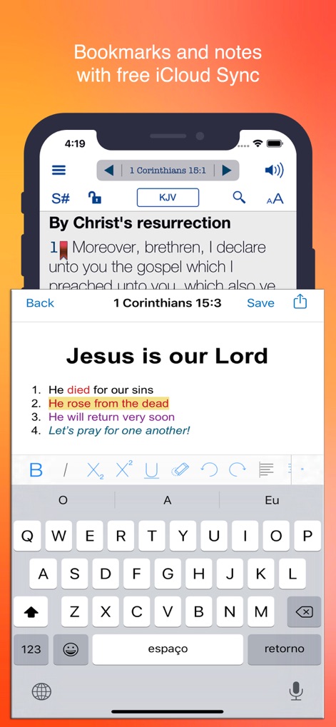 Bible KJV Strong's Concordance - L'application offre un éditeur de texte complet pour les notes personnelles et la gestion des signets, le tout synchronisé automatiquement avec iCloud.