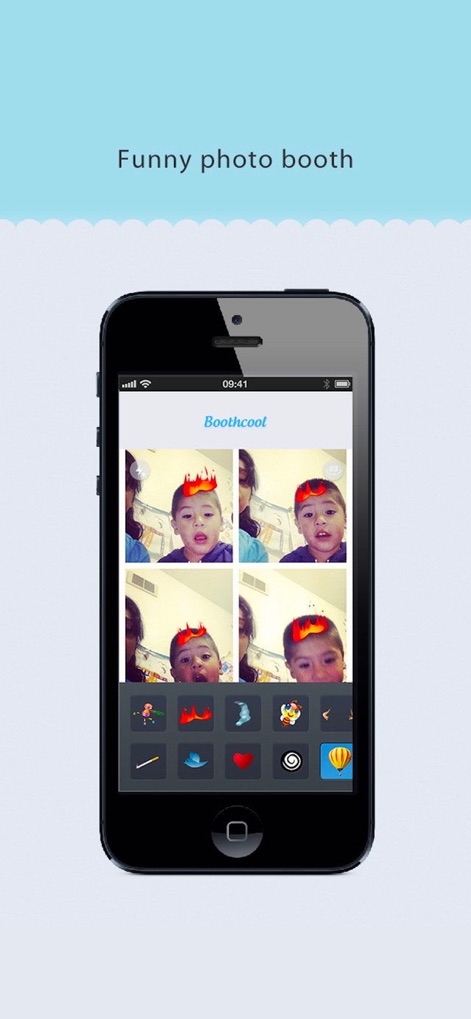 BoothCool - Heart Effects - The app showcases its dynamic 4-up photo strip capturing playful moments, complete with a clear selection bar for diverse face animation effects.