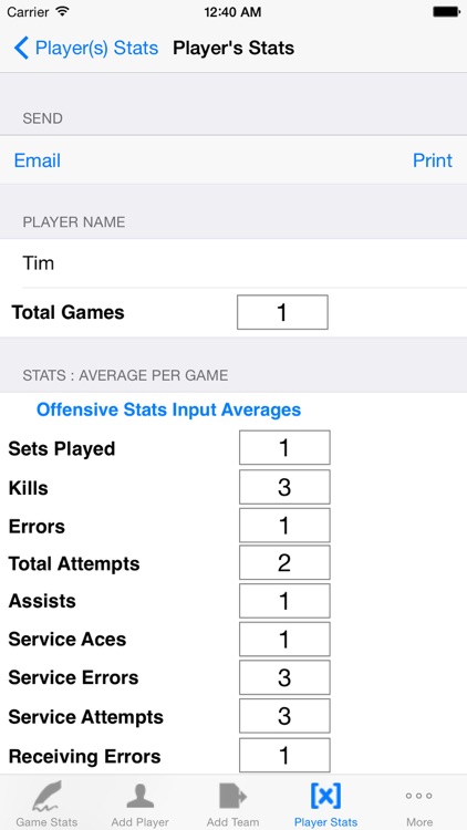 Volleyball Player Game Stats