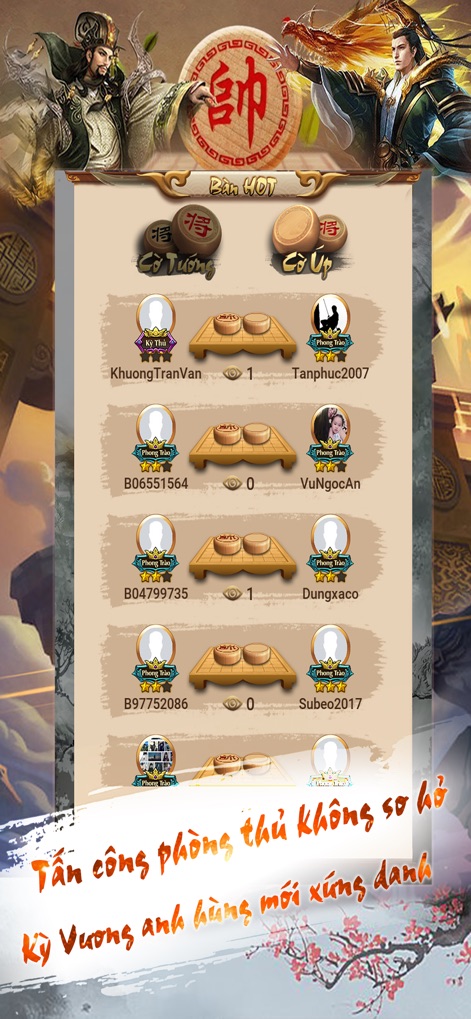 Co Tuong, Co Up Online - Ziga - Discover ongoing 'Hot Tables' where users can join live matches, observing player names and game type indicators (Cờ Tướng or Cờ Úp) within a scrollable interface.