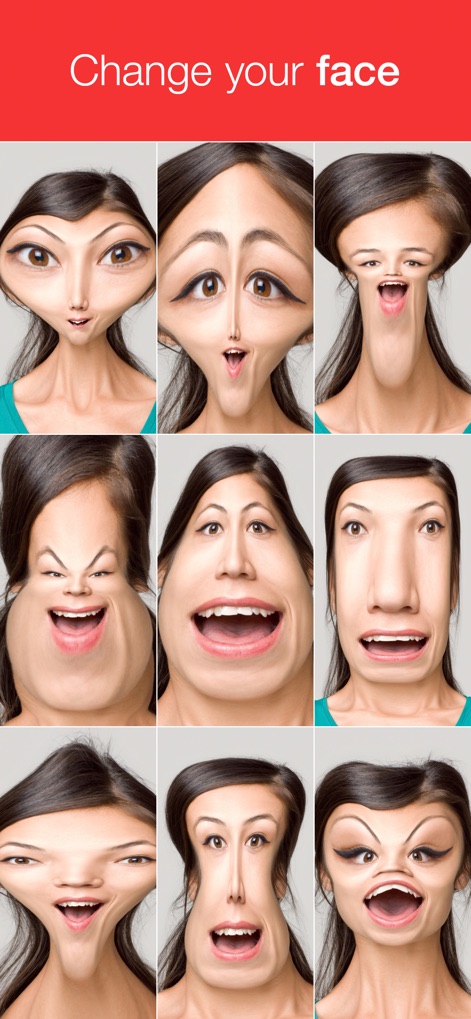 LOL Movie - This screenshot highlights the app's extensive collection of face changers, allowing users to apply exaggerated features such as bulging eyes and distorted facial structures.