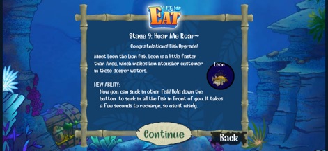 Let Me Eat : Feeding Frenzy - This screen announces a 'Fish Upgrade' for a new predator, detailing the exciting new ability to 'suck in other fish'.