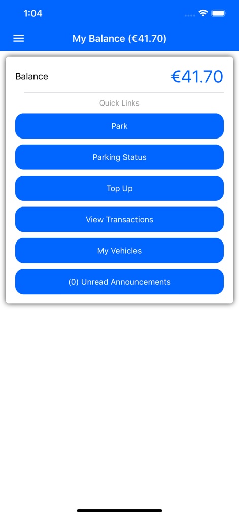 Cork Park by Phone - Dieses Display zeigt den aktuellen Kontostand prominent an und bietet gleichzeitig praktische Schnellzugriffs-Buttons wie "Park" und "Top Up" für häufig genutzte Funktionen.