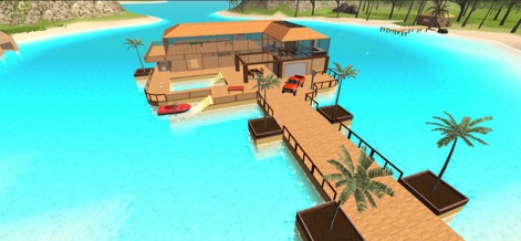 Ocean Is Home: Survival Island - This aerial perspective reveals a luxurious house built directly over the vivid blue water, complete with a pier for vehicles like a car and a jet ski.