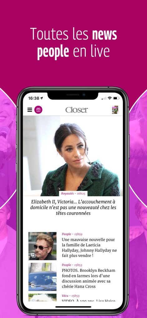 Closer – Actu et exclus People - Os usuários podem navegar por um feed de notícias com fotos grandes de celebridades e informações de categoria como 'Royautés' e 'People', indicando o tipo de conteúdo.