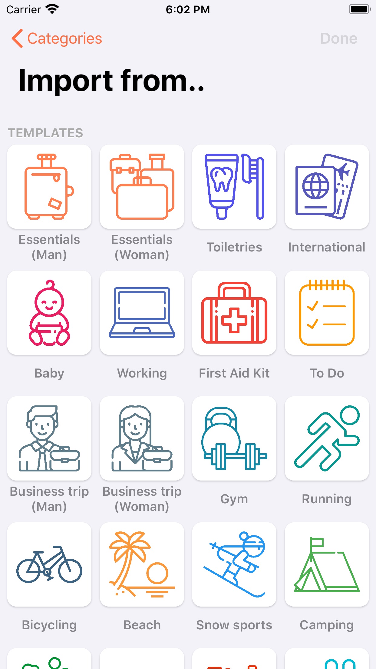 Screenshot do app ToPack: Trip Packing Checklist