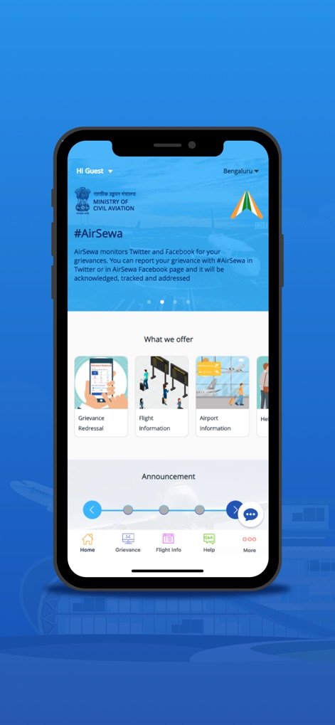 AirSewa - Die App-Startseite bietet Reisenden eine klare Navigation zu Kernfunktionen wie der "Grievance Redressal" und detaillierten "Flight Information", sichtbar über die übersichtliche Menüleiste am unteren Bildschirmrand.