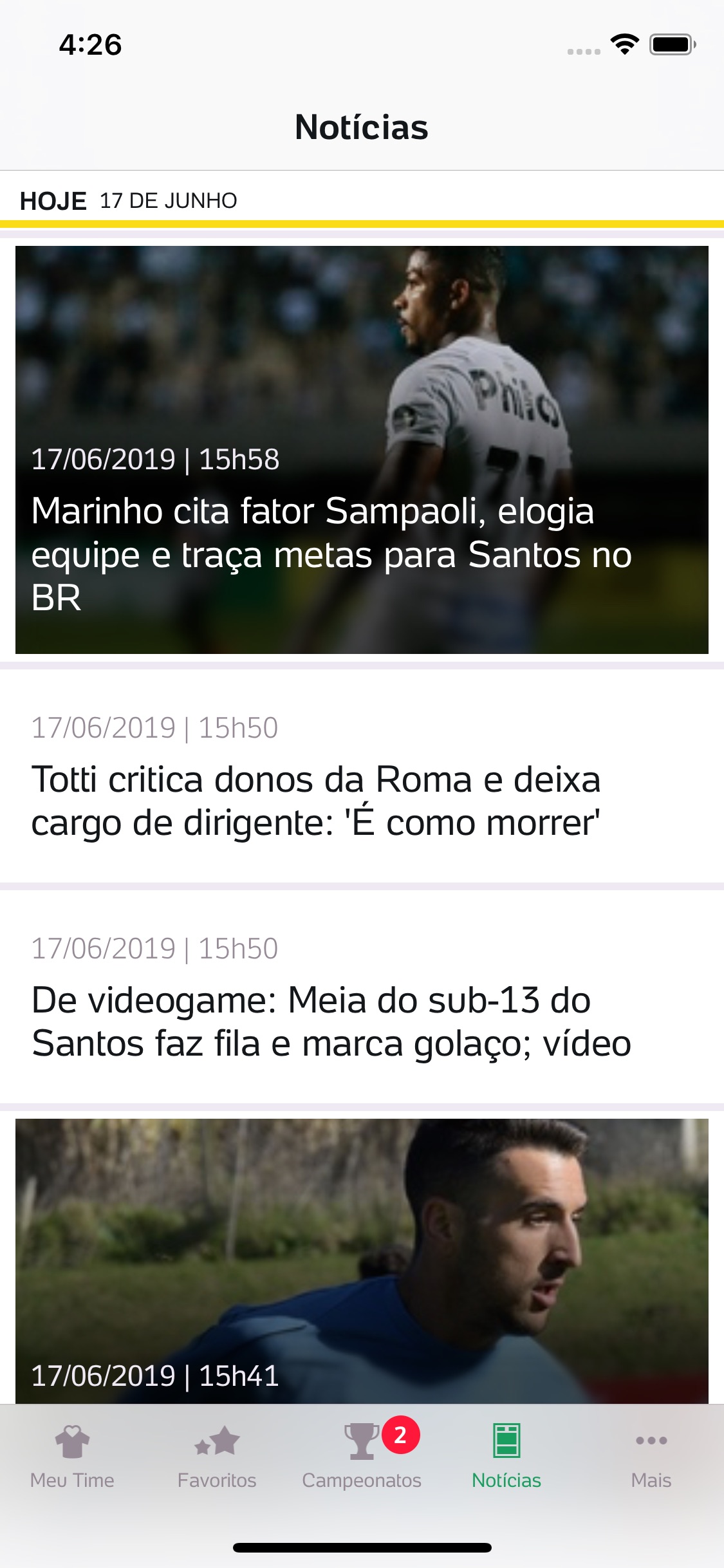 Screenshot do app Placar UOL - Brasileirão 2019