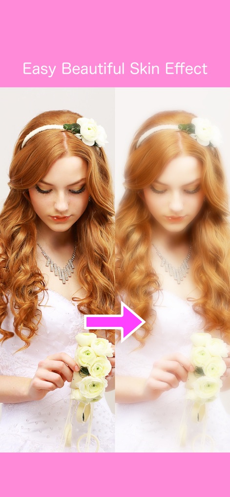 Soft Focus Lite 〜beauty selfie - Gli utenti possono apprezzare la trasformazione istantanea con un semplice tocco. L'immagine mostra la netta differenza tra la foto originale a sinistra e l'incarnato perfezionato a destra, ottenuto senza sforzo.