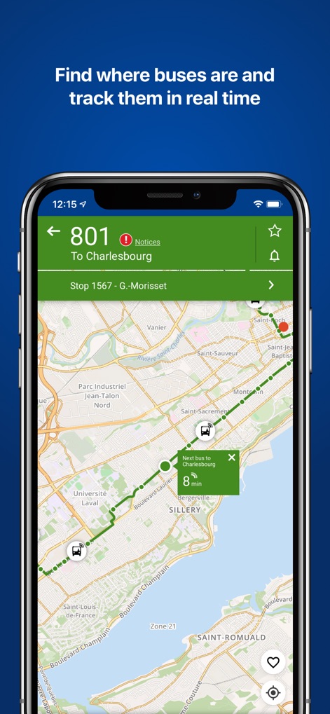 RTC’s real-time Nomade - Nutzer können Busse auf der Karte live verfolgen und sehen die voraussichtliche Ankunftszeit für die nächste Verbindung auf der hervorgehobenen Route.