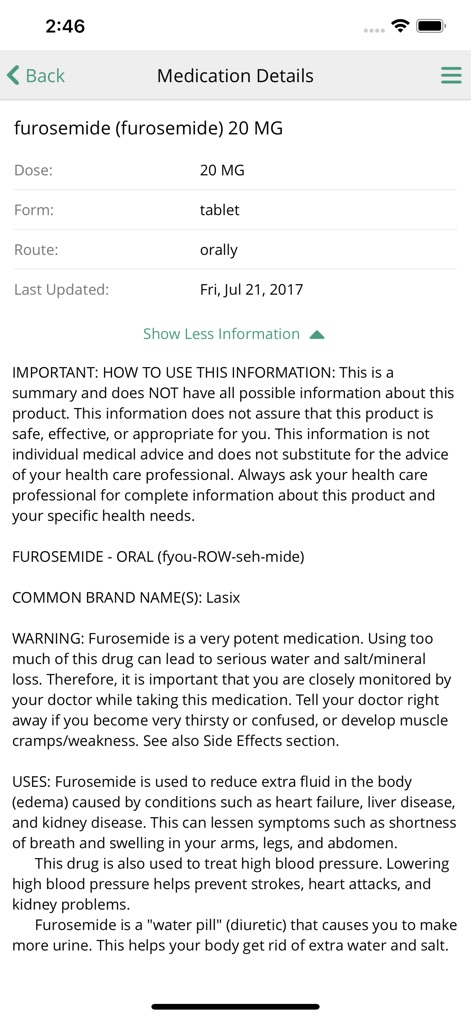 MEDITECH MHealth - 이 화면은 특정 약물에 대한 상세 정보를 제공하여 사용자가 자신의 건강 관리를 효과적으로 할 수 있도록 돕습니다. 약물명 'furosemide 20 MG'과 같은 기본 정보와 함께, 복용 방법, 경고, 용도 등 심층적인 의학 정보가 상세히 설명되어 있습니다.