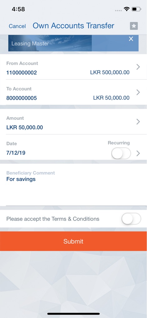 ComBank Digital - The app simplifies internal fund management, featuring clearly defined 'From Account' and 'To Account' fields with real-time balances, and an optional 'Recurring' toggle for automated transfers.