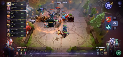 Dota Underlords - Experience the real-time combat action with heroes engaged in dynamic battles on the board, alongside a clear player scoreboard displaying current standings.