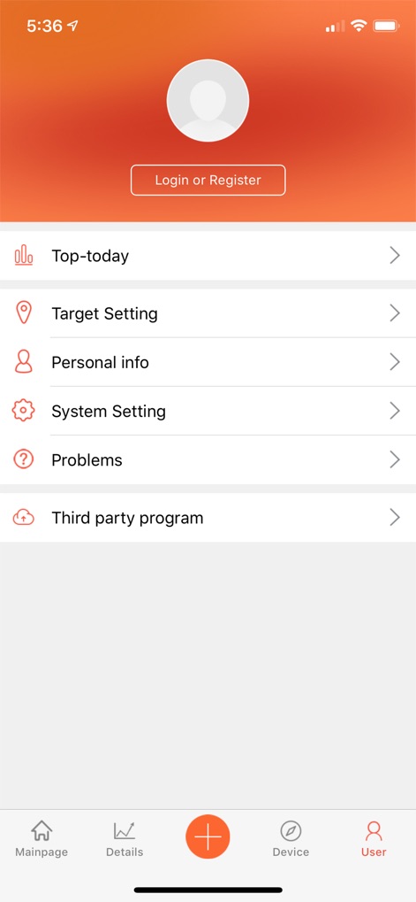 VeryFitPro - Gli utenti possono personalizzare la propria esperienza attraverso un'interfaccia intuitiva che permette di accedere alle impostazioni personali, inclusa la gestione dei dati del profilo e l'opzione per effettuare il login o la registrazione.