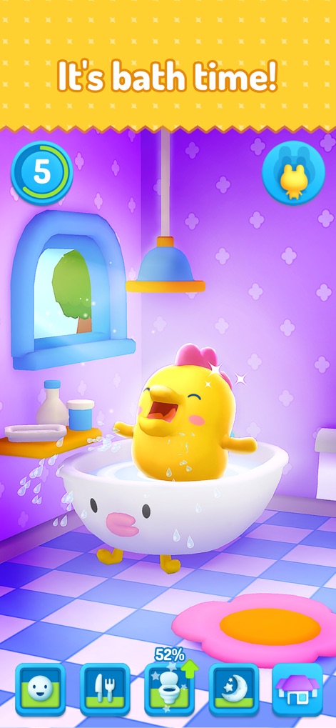 My Tamagotchi Forever - Un Tamagotchi giallo si diverte nel bagno, con la schiuma che indica il lavaggio e le decorazioni vivaci della stanza.