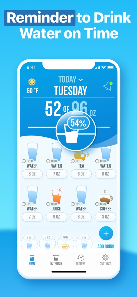 Water Reminder - Daily Tracker - See how the app displays a user's daily water intake progress and logs various drinks with their specific times and quantities.