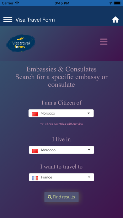 VISA travel forms and tools screenshot 2