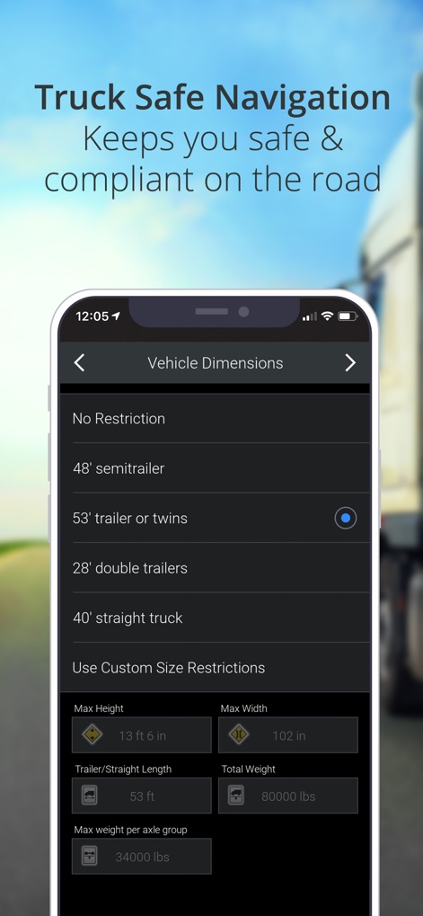 CoPilot GPS Navigation - La aplicación permite a los usuarios configurar sus dimensiones de vehículo, como las opciones de tamaño de remolque y las restricciones de altura y peso personalizables, garantizando rutas seguras y eficientes para camiones.