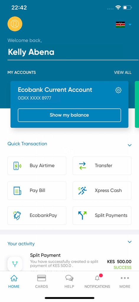 Ecobank Mobile App - 사용자는 개인화된 홈 화면에서 'Kelly Abena'라는 이름과 함께 'Ecobank Current Account' 상세 정보를 한눈에 볼 수 있습니다.