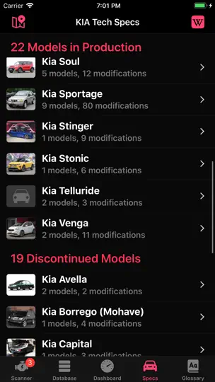 Capture d'écran de KIA OBD App sur iPhone 8