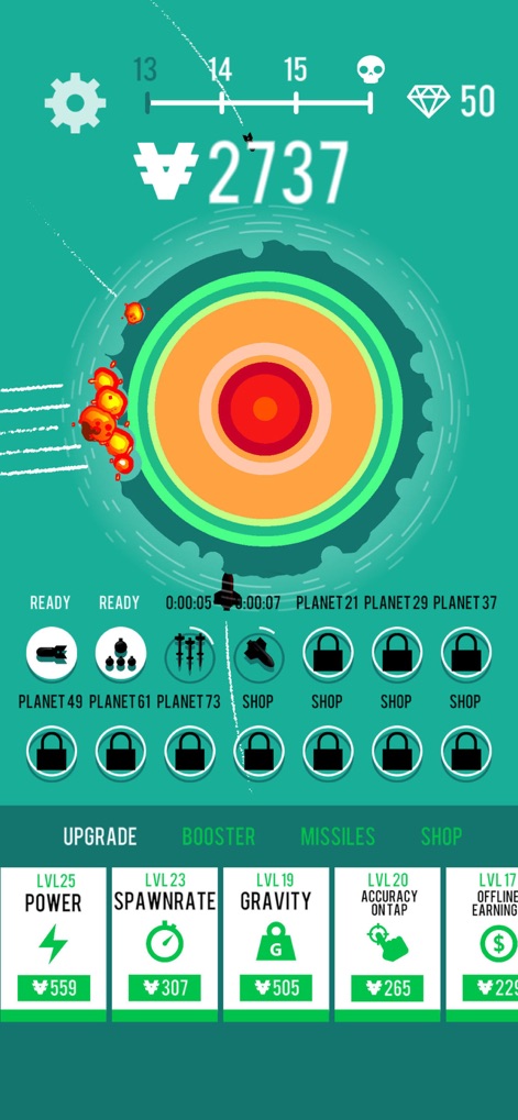 Planet Bomber! - Observe the dynamic planet destruction visuals as layers peel away and the evolving upgrade tiers reflecting player advancement.