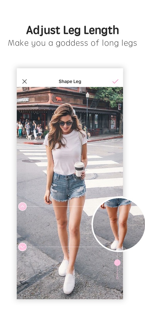 Photo Wonder - Witness the transformative 'Shape Leg' tool in action, allowing users to effortlessly adjust leg length and preview the changes with a convenient before/after comparison.