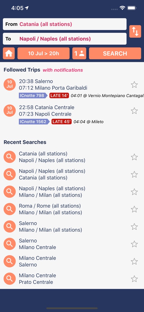 Trenìt! - find Trains in Italy - 本アプリは、通知機能付きの「フォロー中の旅程」を表示し、リアルタイムの遅延情報をユーザーに提供するだけでなく、効率的な再検索のための「最近の検索」履歴もリストアップします。