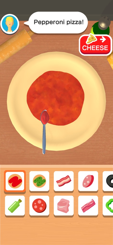 Pizzaiolo! - Users begin by smoothly spreading sauce across the dough with a spoon, then utilize the clear ingredient selection bar to customize their pizza before adding "CHEESE".