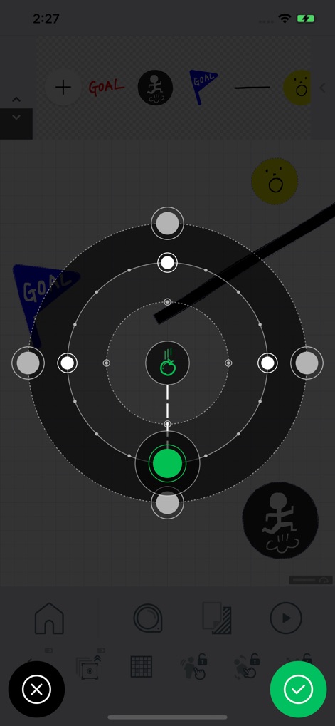 Springin' - L'éditeur avancé permet d'affiner les propriétés des éléments avec une interface de réglages radiaux et des options de configuration détaillées pour chaque objet interactif.