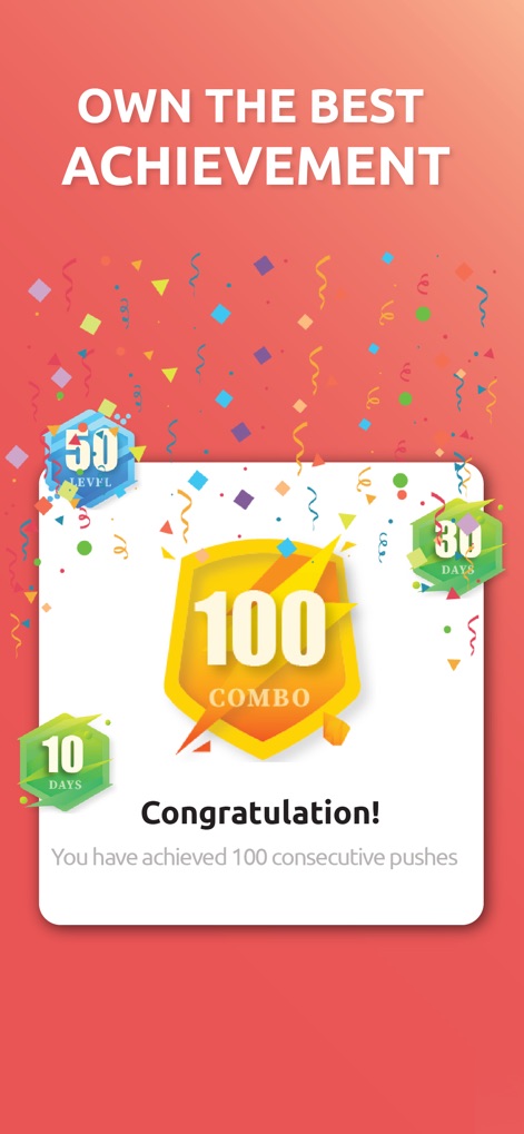 Push Up Challenge - Push Ups - L'app celebra i traguardi degli utenti con un messaggio di "Congratulation!" per aver raggiunto obiettivi significativi, evidenziando i badge di riconoscimento come "50 LEVEL" e "30 DAYS".