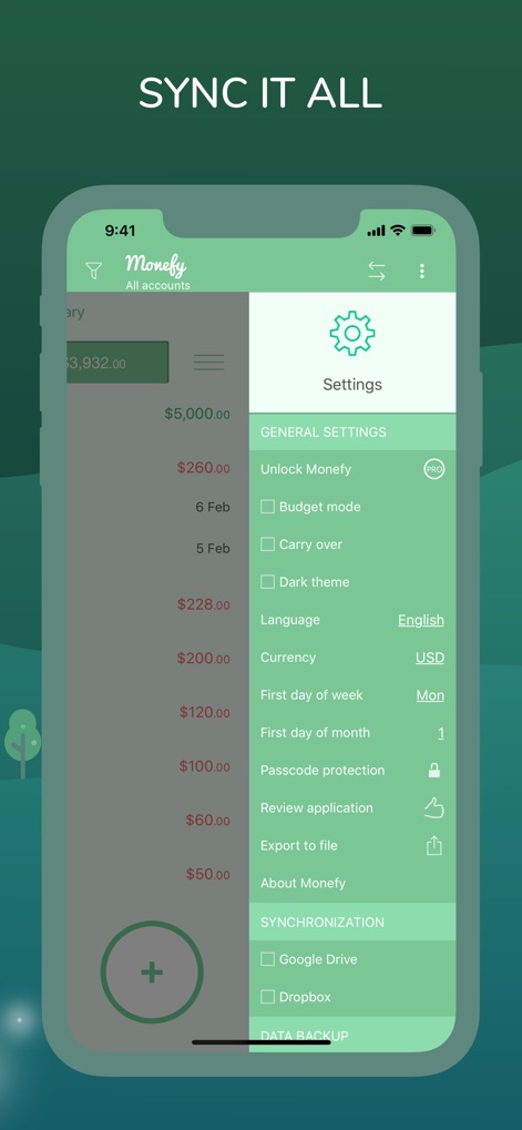 Monefy: Money Tracker - Ensure data safety and accessibility across devices with robust passcode protection and secure Google Drive/Dropbox synchronization.