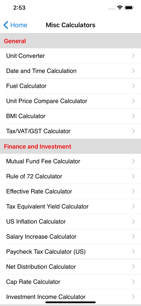 EZ Financial Calculators - The 'Misc Calculators' screen organizes diverse tools into clear categories like 'General' and 'Finance and Investment,' ensuring users can quickly locate specific functions such as 'Unit Converter' or 'Mutual Fund Fee Calculator'.