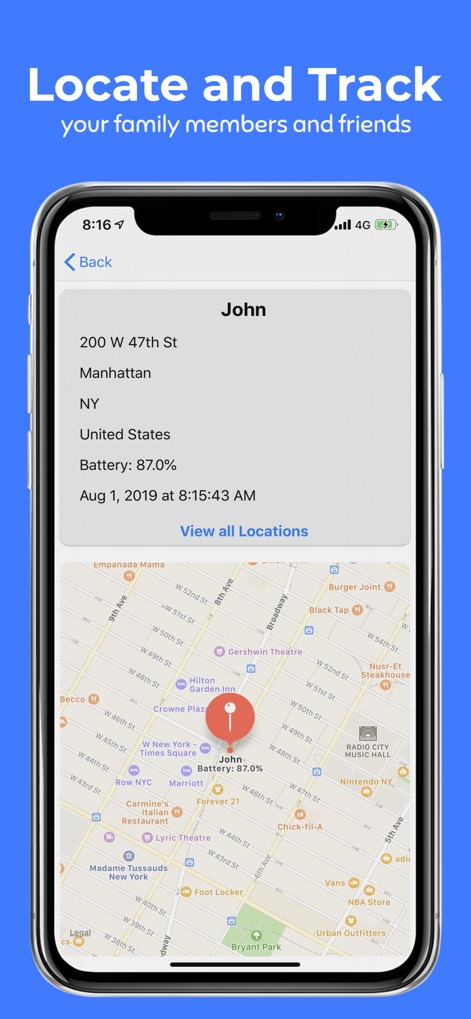 Phone Tracker By Number - This screen empowers users with immediate location data, clearly displaying a family member's precise street address and pinpointing their position on an interactive map.