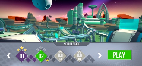 Gravity Rider Zero - Begin the journey through worlds in career mode, with unlocked stages 01 and 02 set against stunning futuristic background architecture.