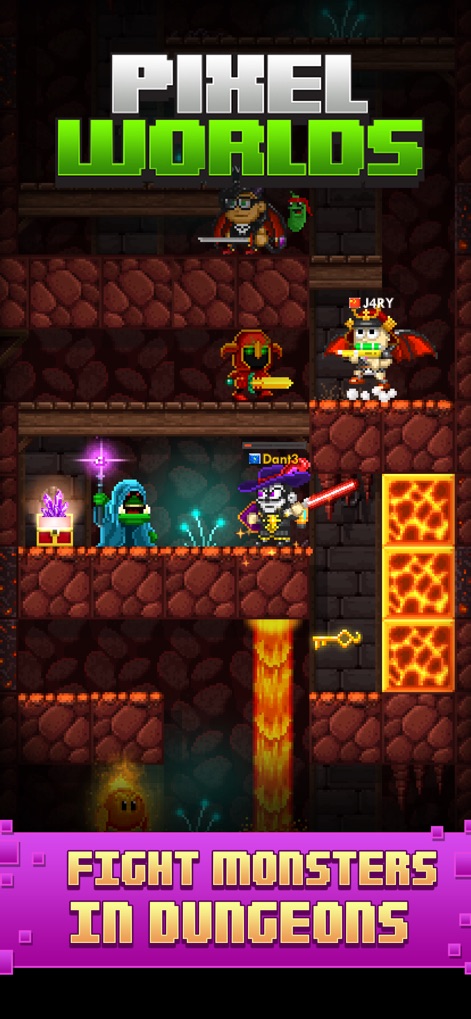 Pixel Worlds: MMO Sandbox - プレイヤーは溶岩が流れるダンジョンでモンスターと勇敢に戦い、宝箱から貴重なアイテムを発見してキャラクターを強化します。