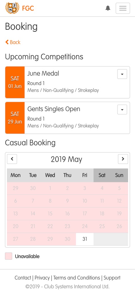 ClubV1 Members Hub - Esta seção permite aos usuários visualizar "Upcoming Competitions" (Próximas Competições) e realizar "Casual Booking" (Agendamentos Casuais) através de um calendário interativo.