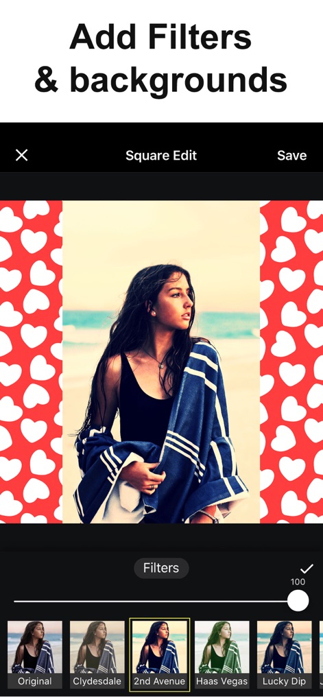 No Crop Photo Video Resize - Les utilisateurs peuvent sublimer leurs clichés avec une vaste sélection de filtres professionnels et personnaliser l'arrière-plan grâce à des motifs variés.