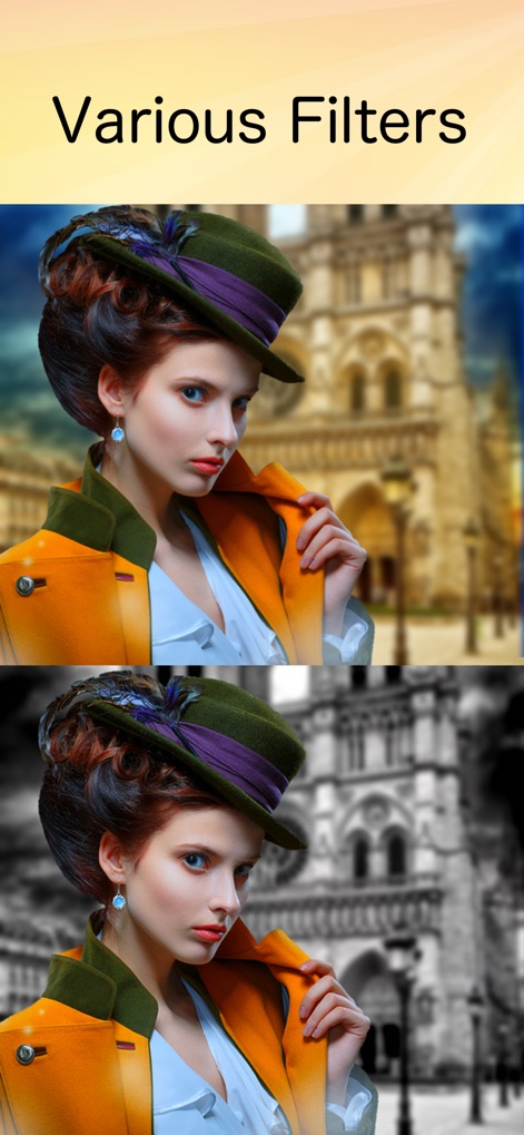 PhotoLayers - Explore the app's diverse range of creative filters, from artistic background blurs to striking monochromatic transformations, to enhance image aesthetics.