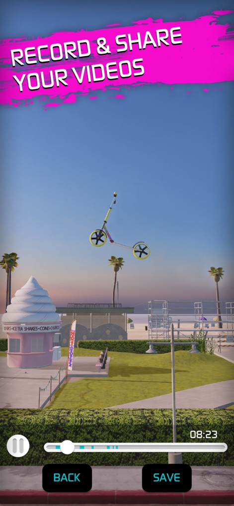 Touchgrind BMX 2 - Players can capture their most extreme stunts in high-flying action, utilizing intuitive video playback controls and a clear timeline for easy sharing.