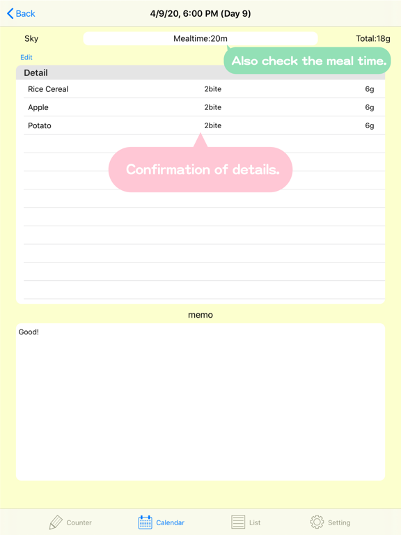 BabyFoodCounter iPad screenshot 5 - Medical app