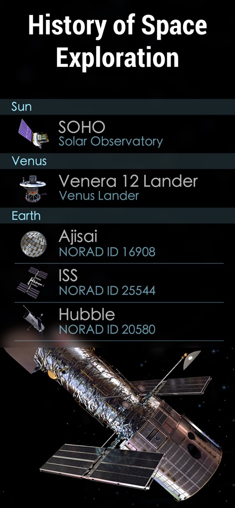 Solar Walk 2 Ads+：The Universe - Explora la historia de las misiones espaciales a través de un listado detallado y modelos 3D de naves emblemáticas como el Telescopio Hubble.