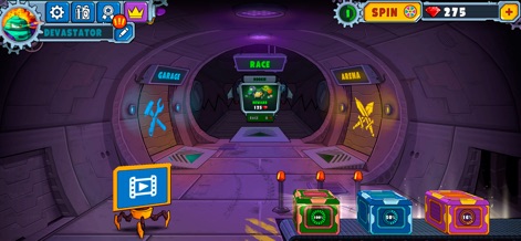 Car Eats Car Multiplayer Race - Il centro operativo dell'app offre un accesso intuitivo alle principali opzioni di gioco come Garage, Race e Arena, mentre le ricompense giornaliere incentivano il ritorno degli utenti all'interno dell'hub principale.