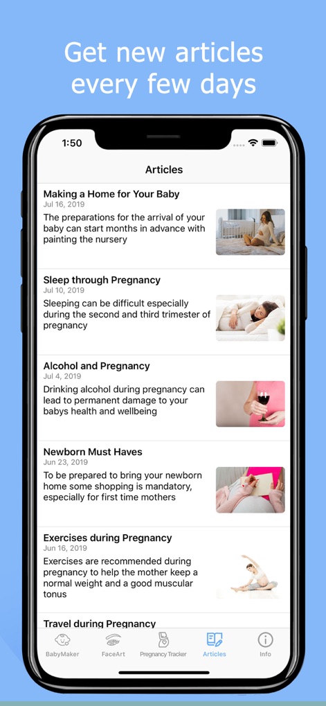 Baby Maker & Face Generator - La sección de artículos presenta una lista variada de temas relevantes para el embarazo, cada uno acompañado de un título descriptivo y una pequeña imagen ilustrativa.