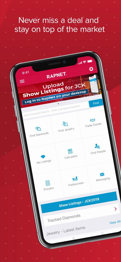 RapNet - The Diamond Market - Die App bietet einen zentralen Zugriffspunkt mit übersichtlichen Navigationskacheln und hebt die Möglichkeit hervor, Show-Angebote direkt im prominenten 'Upload Show Listings for JCK' Banner hochzuladen.