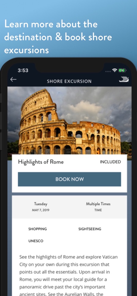 Viking Voyager - Los usuarios pueden explorar y reservar excursiones de forma sencilla, visualizando detalles como la imagen icónica del "Coliseo" y la descripción completa de "Highlights of Rome".