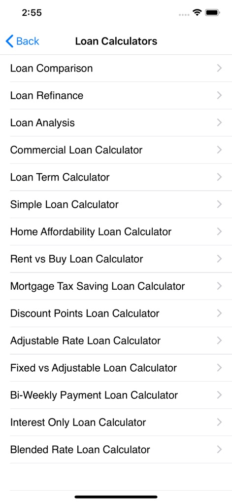 EZ Financial Calculators - This screen highlights the breadth of 'Loan Calculators' available, from specialized tools like 'Loan Comparison' and 'Loan Refinance' to comprehensive options such as 'Home Affordability Loan Calculator'.