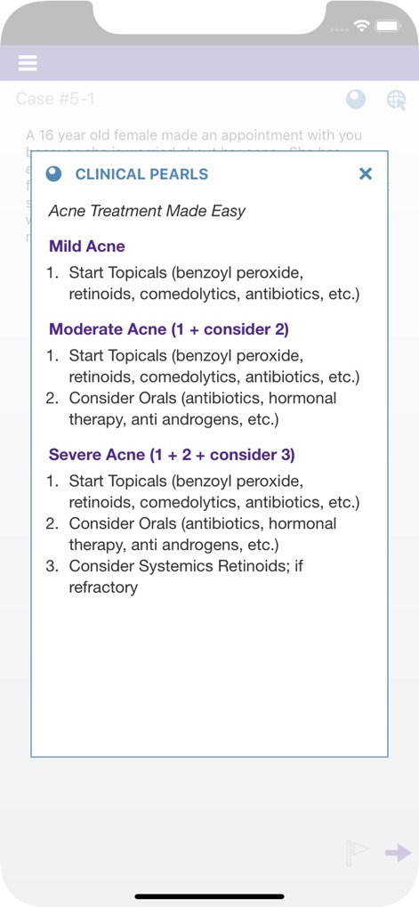 Family Medicine Study Guide - 'CLINICAL PEARLS' 팝업은 'Mild Acne' 및 'Severe Acne'와 같은 특정 상태에 대한 간결하고 실행 가능한 치료 지침을 제공하여 핵심 정보를 빠르게 습득할 수 있도록 돕습니다.