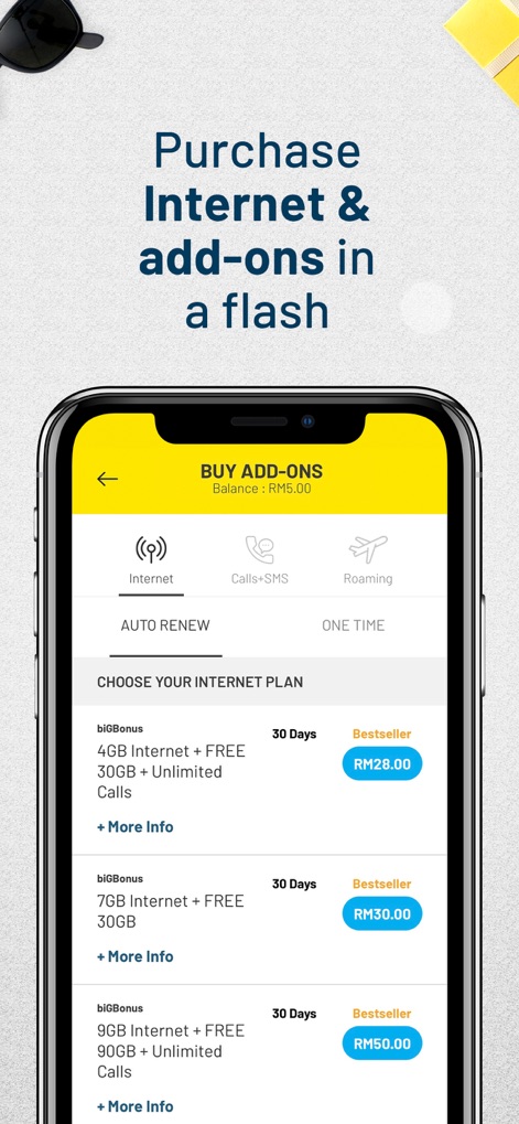 MyDigi Mobile App - La aplicación presenta una variedad de planes de internet adicionales con datos y llamadas incluidas, facilitando la selección y compra de "add-ons" directamente desde la interfaz.