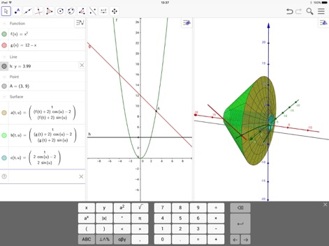 GeoGebra Classic - La aplicación permite visualizar simultáneamente gráficos 2D de funciones, como parábolas y líneas, junto con la visualización interactiva de objetos 3D, facilitando la comprensión espacial de ecuaciones complejas.